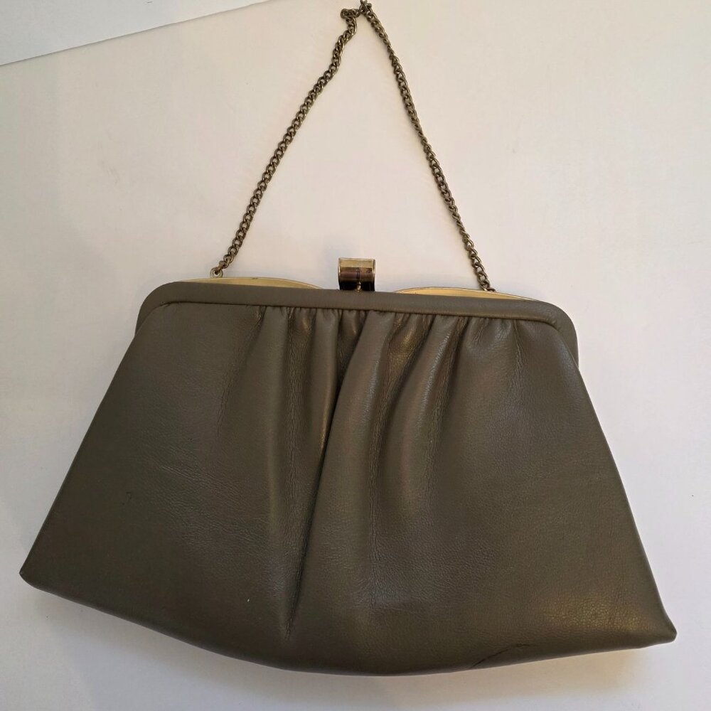 Vintage Andi Olive Green Faux Leather Clutch Purse Gold Chain Strap